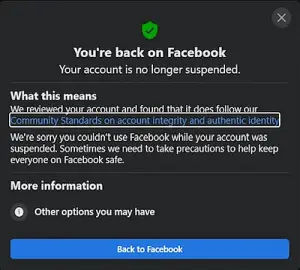 Facebook account no longer suspended