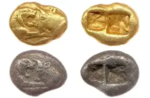 Een collage van munten uit Lydie